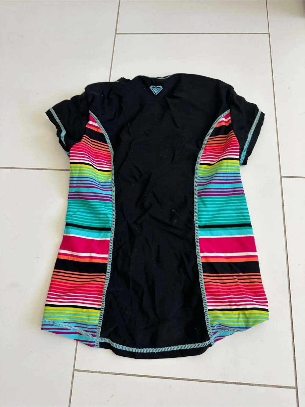 Roxy Black Rashguard with Turquoise Logo & Multi-Color Stripes girls 6